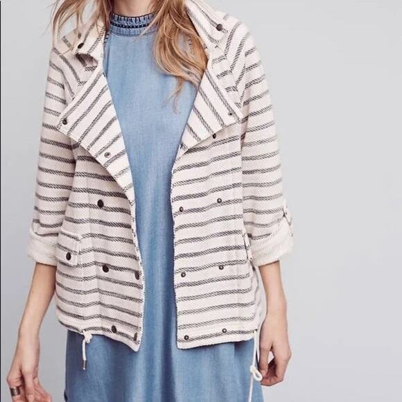 Anthropologie Dolan Large Ivory Striped Spring Sweater Jacket Blue White Striped - Picture 1 of 9